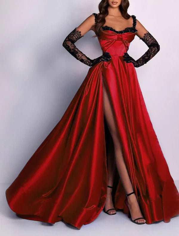 Luolandi A-Line Evening Gown 1920s Black Dress Formal Masquerade Court Train Sleeveless Spaghetti Strap Satin with Slit Sexy Without gloves